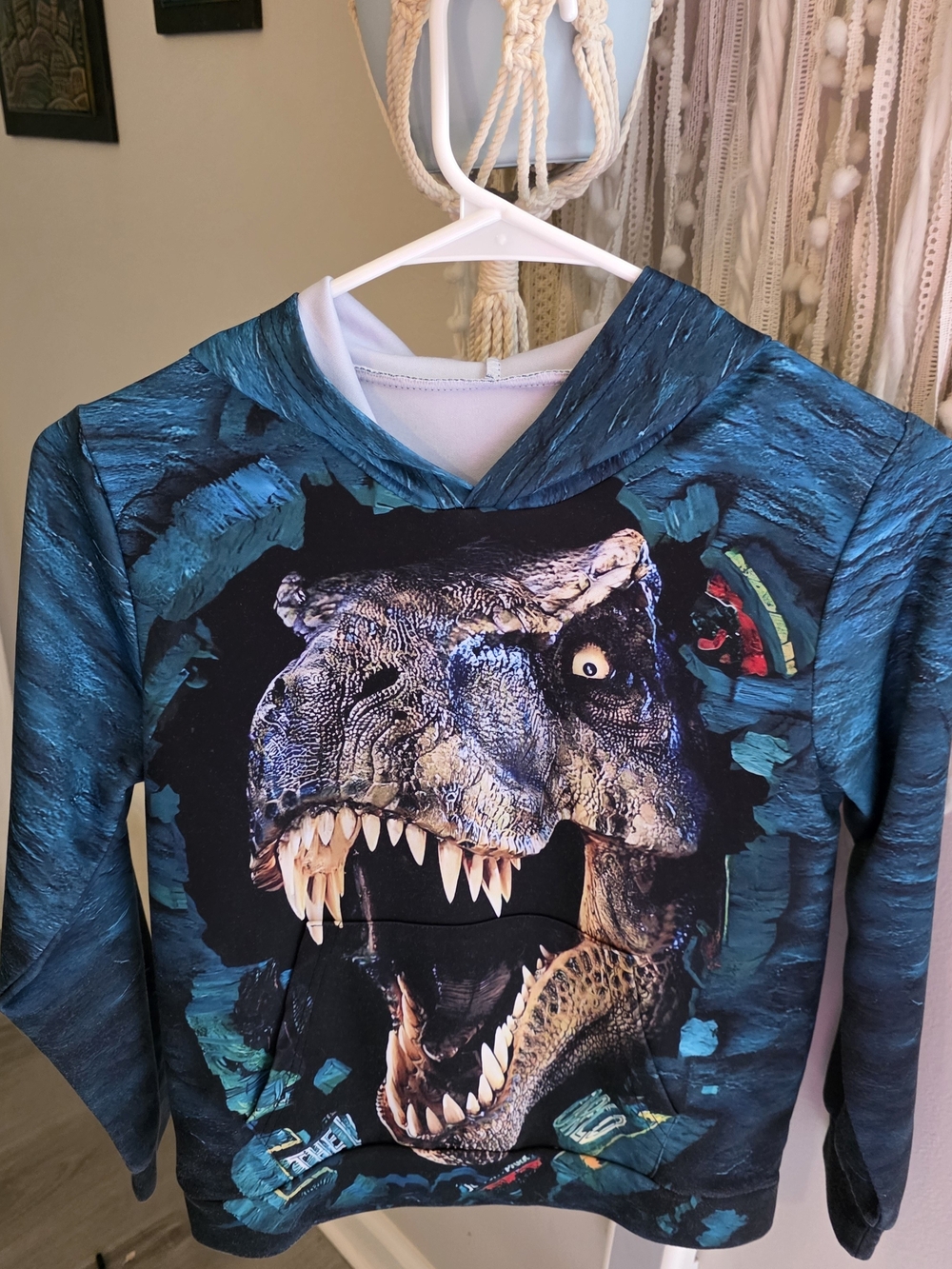 Blue Dinosaur Hooded Kids Sweatshirt - Size Medium (10/12)